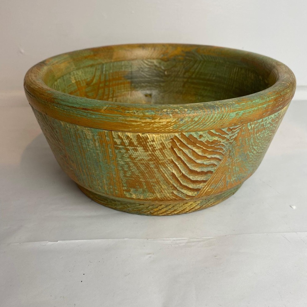 Vintage Handcrafted Rustic‎ Wood Bowl Green Brown Distressed Farmhouse Boho